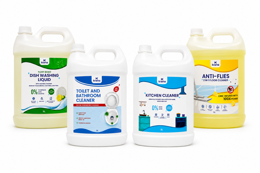 Restaurant Combo Pack — Anti Flies Floor Cleaner 5L + Toilet Cleaner 5L + Kitchen Cleaner 5L + Dishwash Liquid 5L